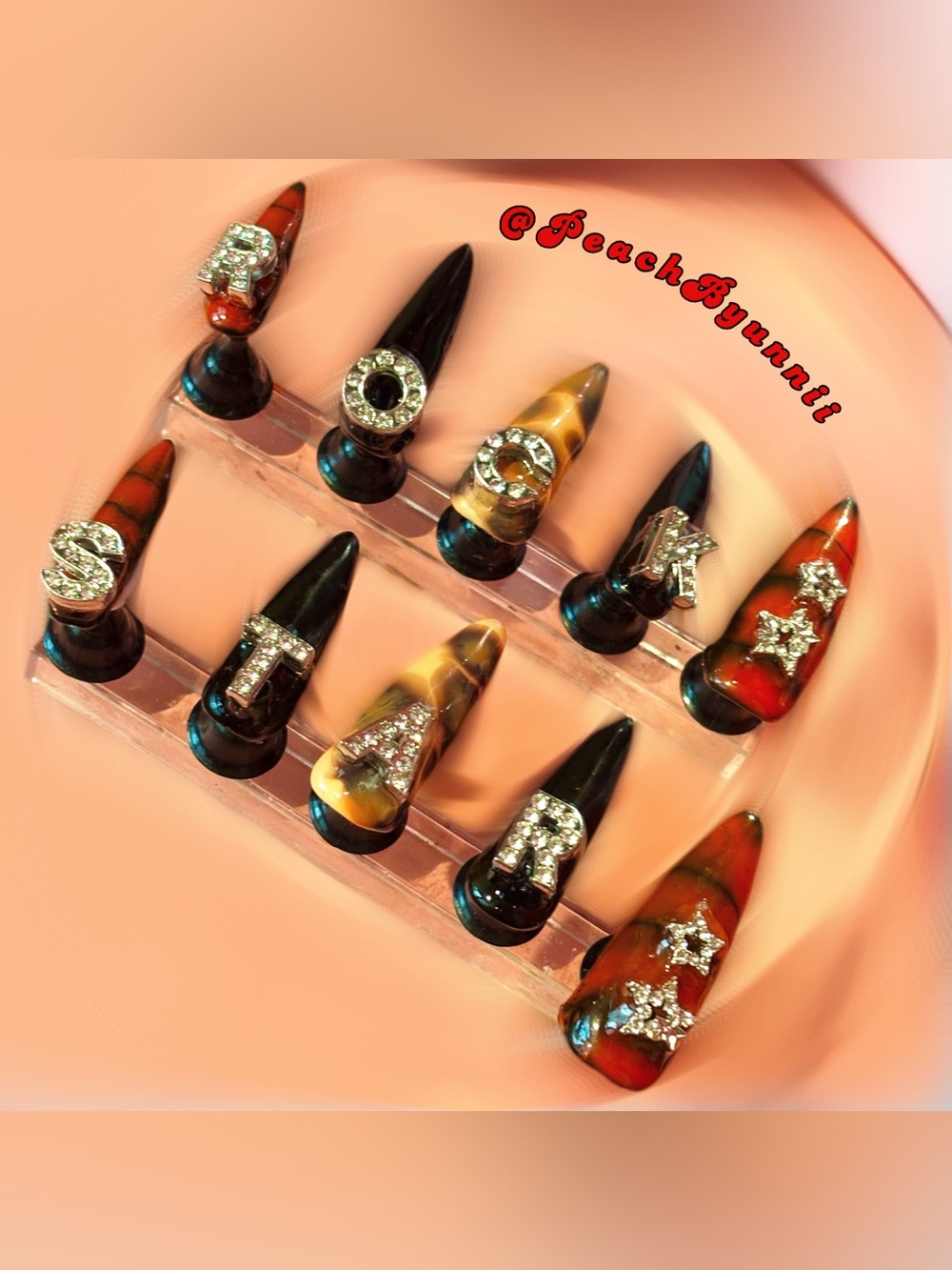 Rhinestone Initial & Star Stiletto Press-On Nails - Multicolor